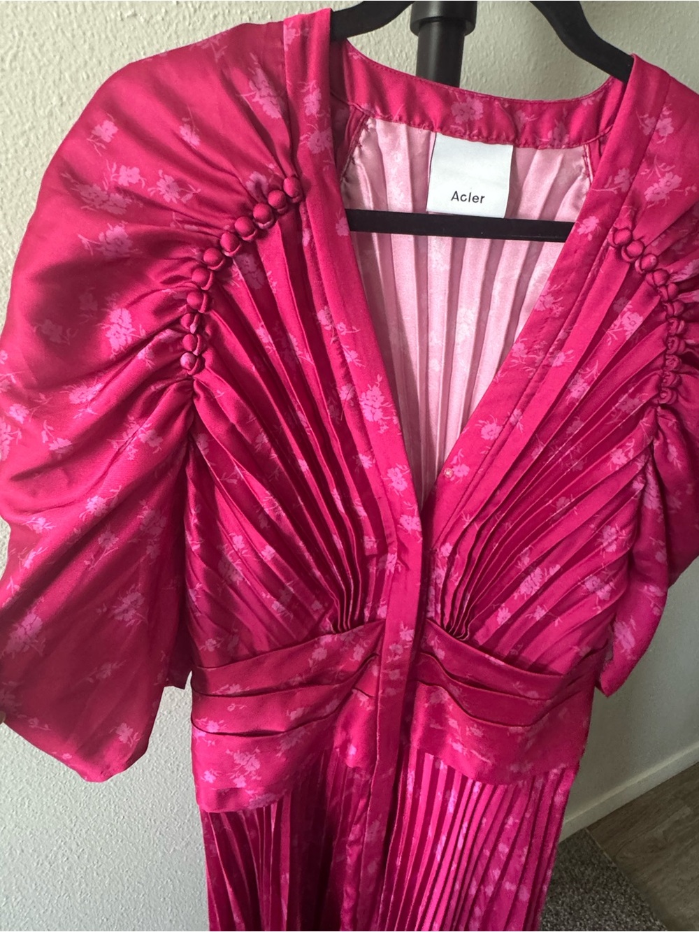Acler Hot Pink Satin Pleated Dress with Button Detail